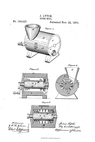 Patent drawing for James Lytch's Cider-Mill, US Patent Publication No. US109527, November 22, 1870. Presented on Google Patents.