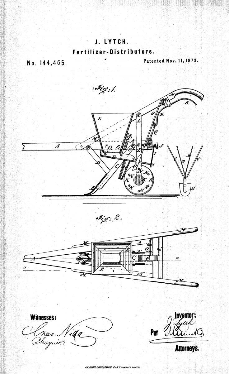 Patent drawing for James Lytch's Improvement in Fertilzer-Distribters, US Patent Publication No. US144465 A, published November 11, 1873. Presented on Google Patents.