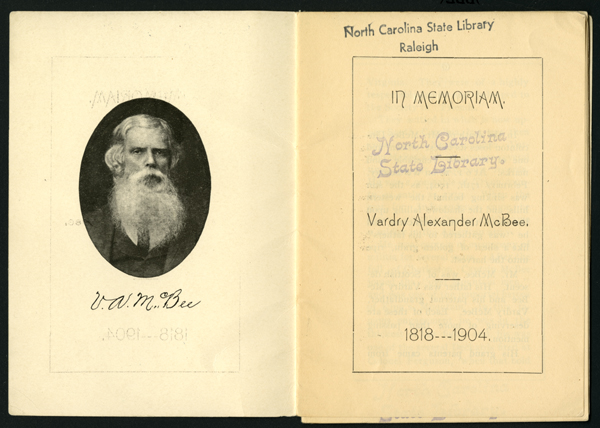 Photographic portrait of Vardry Alexander McBee (1818-1904), son of Vardry McBee.  From Alfred Nixon's &quot;In Memorium: Vardry Alexander McBee 1818-1904,&quot; published circa 1904.  From the collections of the Government & Heritage Library, State Library of North Carolina. 
