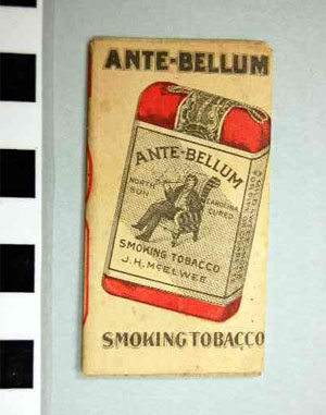 Photograph of the paper wrapper from &quot;Ante-Bellum&quot; smoking tobacco, manufactured by J. H. McElwee, Statesville, N.C.  Item S. HS.2006.41.870 from N.C. Historic Sites.  Image used courtesy of the North Carolina Department of Cultural Resources. 