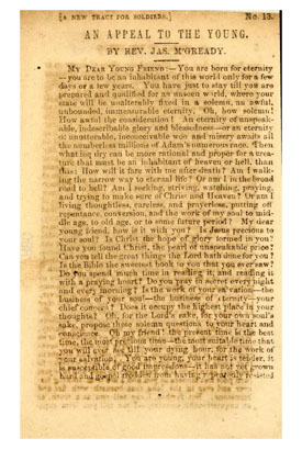 Image of the first page of the Rev. Jas. M'Gready's &quot;An Appeal to the Young.&quot; A New Tract For Soldiers, No. 13, published 1861 by the General Tract Agency, N.C. Presented on Archive.org. 