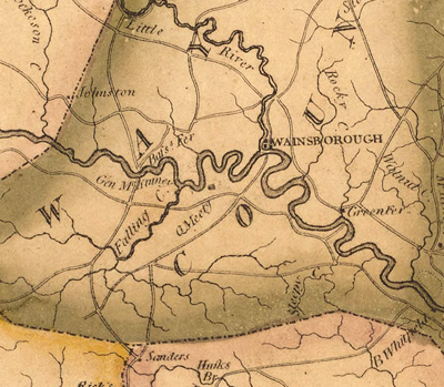 Detail area of the <i>Price-Strother Map</i> of 1808 showing Wayne County and &quot;Gen. McKinney&quot; south of the Neuse River.  Created by Jonathan Price and John Strother, engraved by William Harrison, Philadelphia, 1808.  Map from the North Carolina Collection, Wilson Library, the University of North Carolina at Chapel Hill.  Presented online by NCMaps, University Library, UNC-Chapel Hill. 