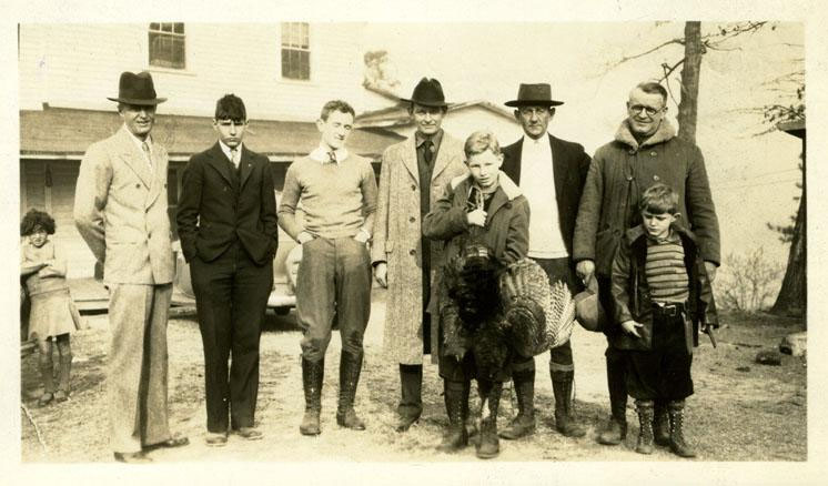 Black and white photograph of &quot;Turkey Hunt&quot;, with Col. Don Scott, Maj. L.P McLendon & son, Haywood Smith, Pou Bailey, and C.T. MacClenaghan, circa 1930-1940.  Item H.1952.95.43 from the collections of the North Carolina Museum of History. Used courtesy of the North Carolina Department of Cultural Resources. 