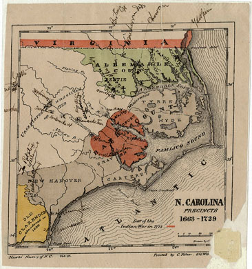 Map, &quot;N. Carolina Precincts 1663-1729,&quot; by George Shroeter and Francis L. Hawks. Publihed by E. J. Hale & Son, Fayetteville, North Carolina, circa 1858.  From the North Carolina Collection, University of North Carolina.  Presented by North Carolina Maps. Robert Mellyne is associated with Bath County and is believed to have owned property near the Pamlico River. 