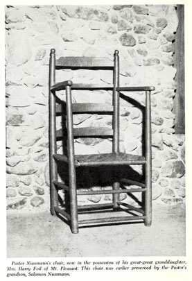 Photograph of Pastor Nussman's chair. Image from <i>Life Sketches of Lutheran Ministers North Carolina and Tennessee Synods 1773-1965</i>, published 1966 by the North Carolina Synod of the Lutheran Church in America. Work from the collections of the Duke Divinity School Library, Duke University. Presented on Archive.org.