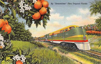 Postcard image of the Orange Blossom Special, ca. 1950, used by the Seaboard Airline Railway. Ervin Rouse's iconic composition &quot;Orange Blossom Special&quot; was inspired by the train. From the collections of the North Carolina Museum of History.  Used courtesy of the North Carolina Department of Natural and Cultural Resources. 