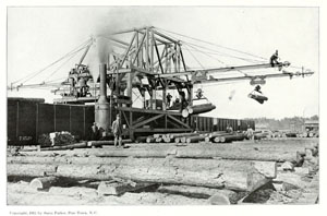Image of log hoisting equipment made by Surry Parker 1912, from &quot;Steam Logging Machinery,&quot; by Surry Parker, Pine Town, N.C., p. [16]. Published 1912 by Surry Parker. Presented by HathiTrust. 