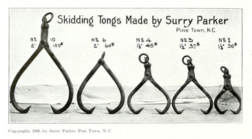 Image of &quot;Skidding Tongs Made by Surry Parker,&quot; 1908, from &quot;Steam Logging Machinery,&quot; by Surry Parker, Pine Town, N.C.  Published 1912 by Surry Parker. Presented by HathiTrust. 