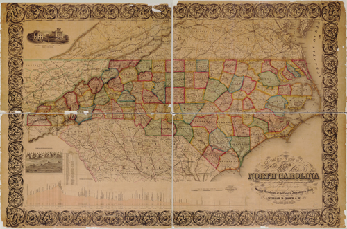William Dewey Cooke and Samuel Pearce's  &quot;New Map of the State of North Carolina,&quot; published 1857.  From the collections of the Library of Congress. 