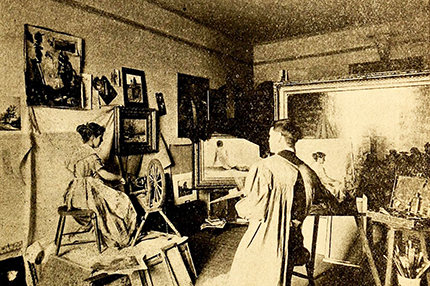 William George Randall in his Corcoran Building studio painting his work &quot;The Spinner.&quot; Image from Archive.org.