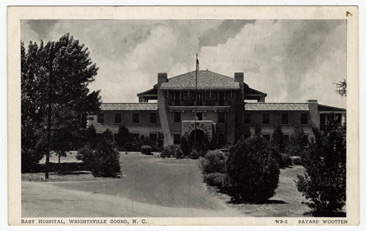 Postcard image of &quot;Baby Hospital, Wrightsville Sound, N.C.,&quot; circa 1915-1930, from the Durwood Barbour Collection of North Carolina Postcards, North Carolina Collection, Wilson Library, University of North Carolina at Chapel Hill.  James Sidbury established the Babies Hospital at Wrightsville.