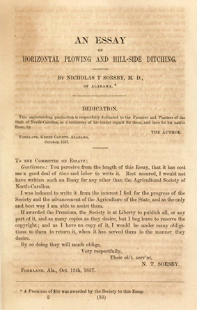 Image of the title page from Dr. Nicholas T. Sorsby's prize-winning essay &quot;On Horizontal Plowing and Hill-Side Ditching,&quot; from the <i>Transactions of the North Carolina Agricultural Society 1857</i>.  Presented on Archive.org. 