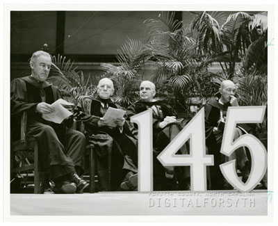 "Celebrarion of the 500th Anniversary of the Moravian Church, Held in Memorial Coliseum, 1957," photograph taken March 3, 1957 by Frank Jones. Bishop Herbert Spaugh is shown on the far left. Reference ID UZZ_EVJ_2105, from the Forsyth County Public Library Photograph Collection. Image used courtesy of Forsyth County Public Library Photograph Collection.