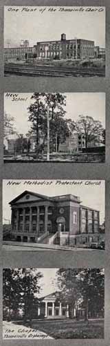 One Plant of the Thomasville Chair Co., New School, New Methodist Protestant Church, The Chapel Thomasville Orphanage. From Albert Y. Drummond Drummond's Pictorial Atlas of North Carolina. Charlotte: Albert Y. Drummond, Winston-Salem: Scoggin Printing Company, Inc., c1924. UNC-CH Libraries.