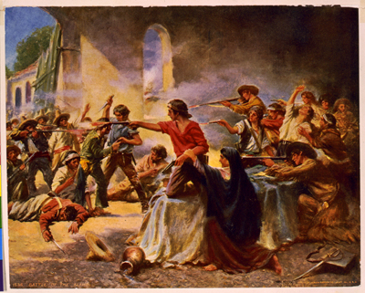 &quot;Battle of the Alamo,&quot; artistic depiction by Percy Moran, 1912.  Claiborne Wright fought in the defense of the Alamo and died when the Alamo fell to General Antonio Lopez.  From the Library of Congress Prints and Photographs Online Collection. 
