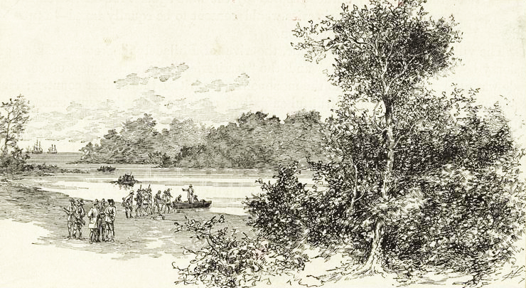 An illustration titles 'Landing of Yeamans and his colonists' from an 1890 history book. Image from the New York Public Library.