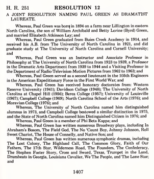 North Carolina General Assembly. 1979. &quot;Resolution 12: A Joint Resolution Naming Paul Green as Dramatist Laureate.&quot;