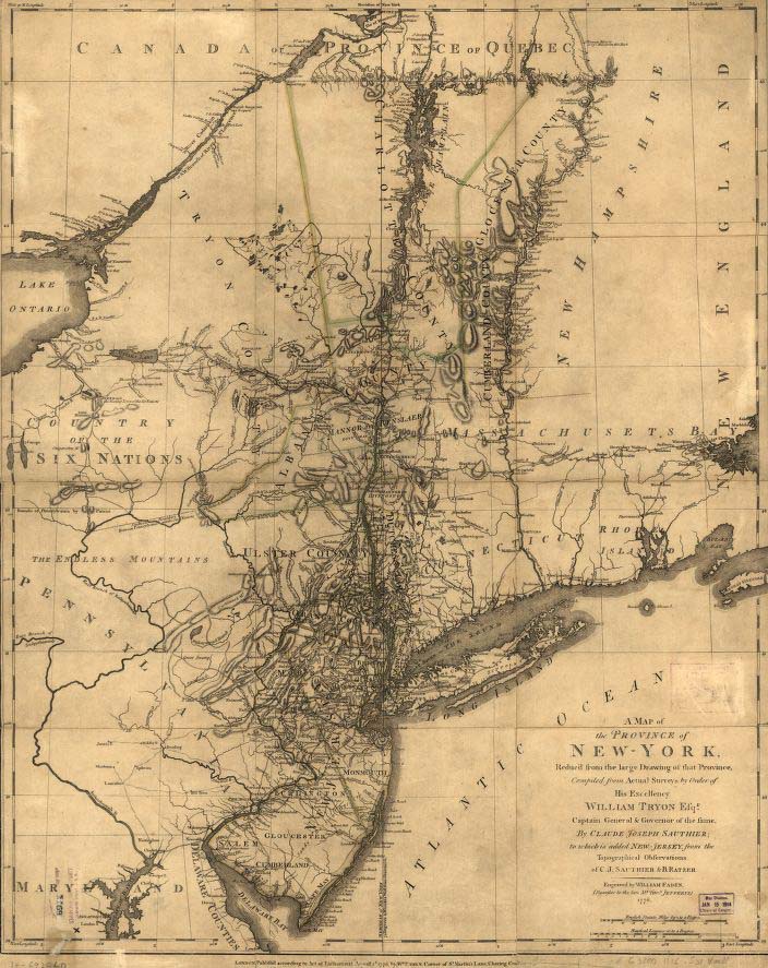 Image of &quot;map of the Province of New-York reduc'd from the large drawing of that Province, complied from actual surveys by order of His Excellency William Tryon, Esqr., Captain General & Governor of the same,&quot; published 1776 by Claude Joseph Sauthier. Presented on Library of Congress.