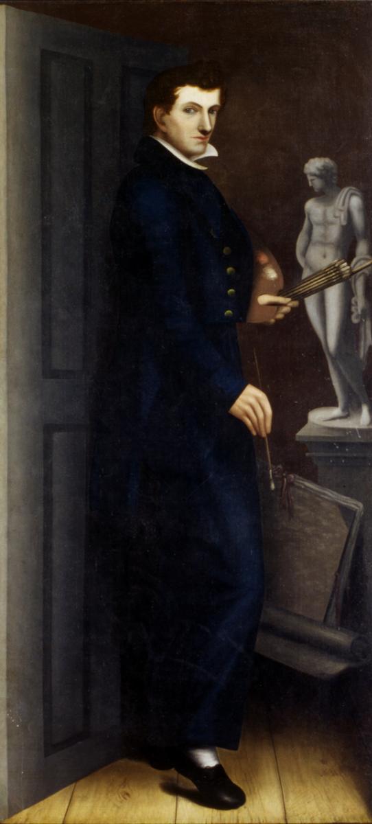 A side-view painting of a man in a blue suit looking at the viewer. He is holding an artist palette and paintbrush.