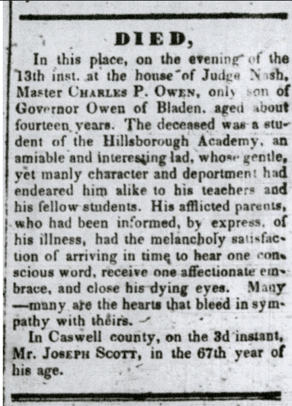 Newspaper clipping. Charles Owen is enumerated as the only son of John Owen therein.