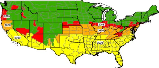 &quot;Growth of the U.S. “kidney stone belt” in response to projected climate change. Risk increases with time from red > orange > yellow. &quot; From the National Academy of Sciences. 