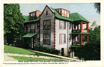  &quot;Twin Oaks Cottage, The Manor, Albemarle Park, Asheville, NC &quot;&quot;one of the attractive cottages operatedin connection with The Manor, Albemarle park, Asheville, NC published by the Asheville Post Card Co., Asheville, NC.&quot; From the Georgia Historical Society Postcard Collection, c. 1905-1960s, PhC.45, North Carolina State Archives, Raleigh, NC.