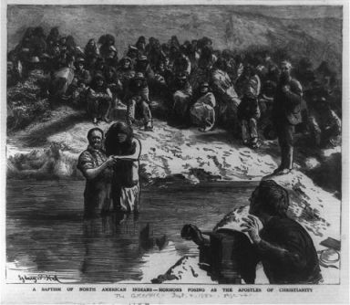 &quot;A baptism of North American Indians - Mormons posing as the apostles of Christianity.&quot; 1882, wood engraving. Image courtesy of Library of Congress.  