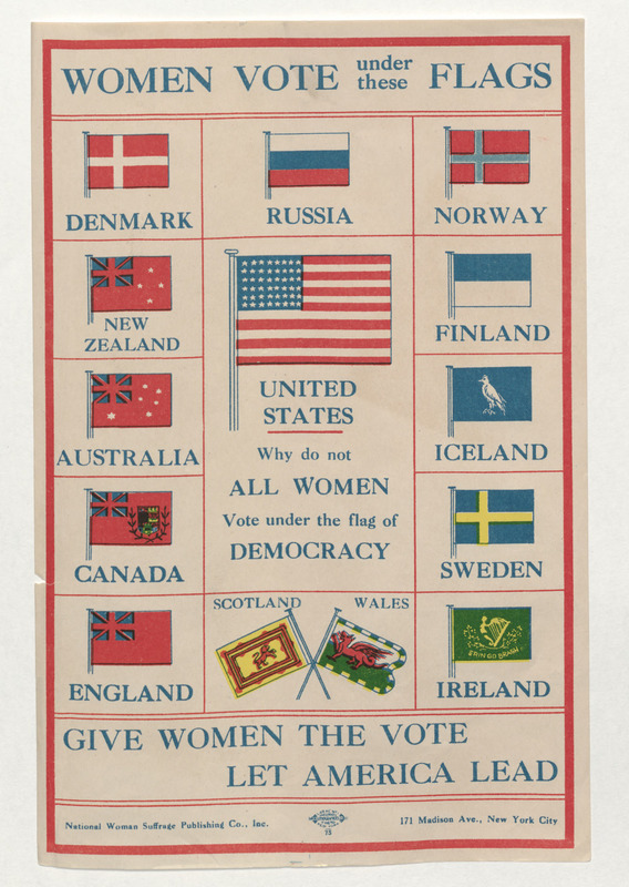 A circular posing the question, “United States, why do not all women vote under the flag of Democracy?â€