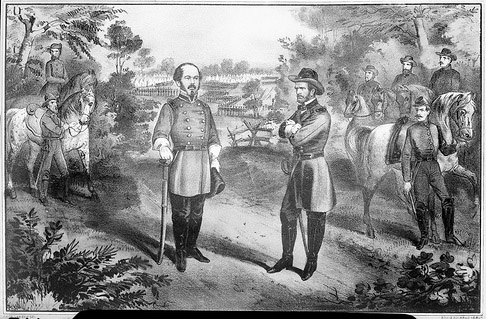 &quot;Gen Johnston's Surrender- a Painting.&quot; General Joseph E. Johnston surrenders to Union General William T. Sherman at Bennett Place, April 1865. From the Barden Collection, North Carolina State Archives, Raleigh, NC. Call #: N_53_15_1953 