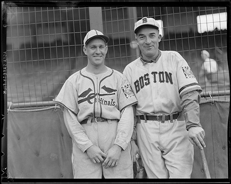St. Louis Cardinal Enos &quot;Country&quot; Slaughter and Boston Bee Al Simmons in front of the screen at Braves Field, 1939. Copyright Leslie Jones. Image courtesy of the Boston Public Library, Leslie Jones Collection.