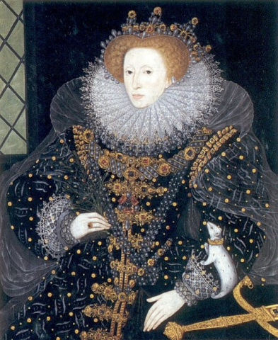 Queen Elizabeth. She is seated with royal outfitting. She wears a large dress and fitted collar. A small weasel climbs her arm.