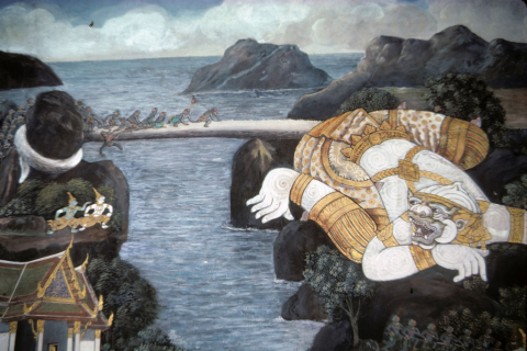 Giant Hanuman uses his tail as bridge for Rama's army (Thai Ramayana mural)