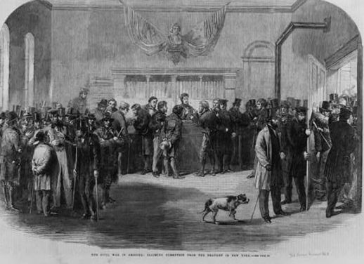 &quot;The Civil War in America: claiming exemption from the draught [i.e., draft] in New York.&quot; 1863; Library of Congress Summary: Summary: Men in room seeking exemption from being drafted into the military. Photo courtesy of the Library of Congress.  