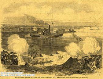 &quot;the steams 'escort' running the rebel batteries near washington, nc. harper's weekly, may 9, 1863. courtesy of the north carolina collection, univerity of north carolina libraries. 