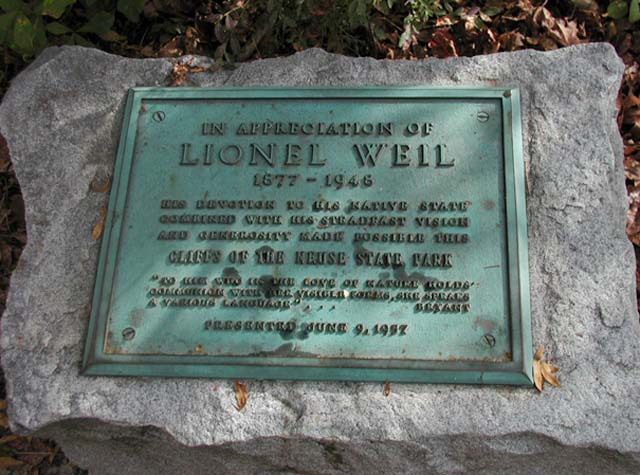 &quot;Plaque at the cliffs honoring Lionel Weil (1877-1946) for his contributions to Cliffs of the Neuse State Park.&quot; Image courtesy of NC ECHO Photo Database.