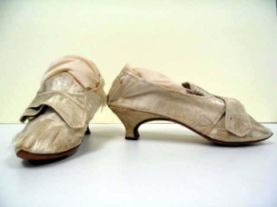 White, pointed high heels, &quot;straight&quot; design, ca. 1760; worn by Mrs. Wilson Blount (signed on soles). 