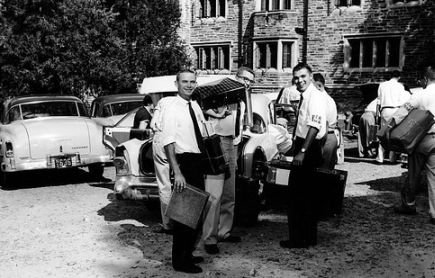 &quot;Members of the campus YMCA chapter assisted incoming freshmen with the move-in process.&quot; Courtesy of Duke University Archives. Durham, NC. 
